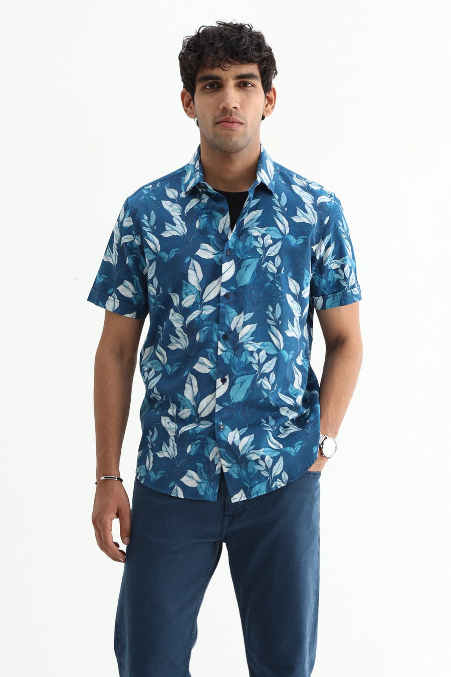 BASICS SLIM FIT  COTTON DIGITAL PRINTED HALFSLEEVES SHIRT