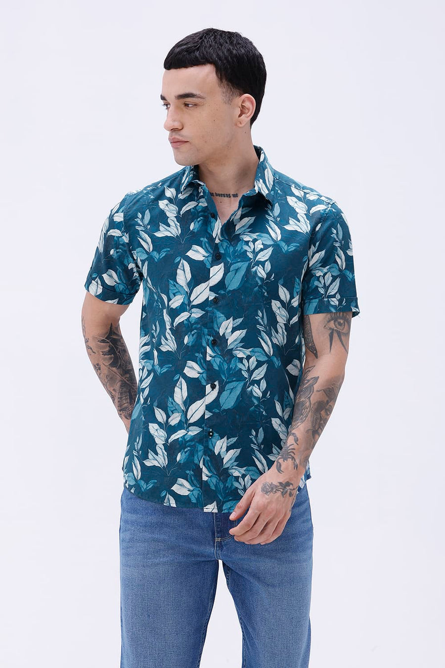 BASICS SLIM FIT  COTTON DIGITAL PRINTED HALFSLEEVES SHIRT