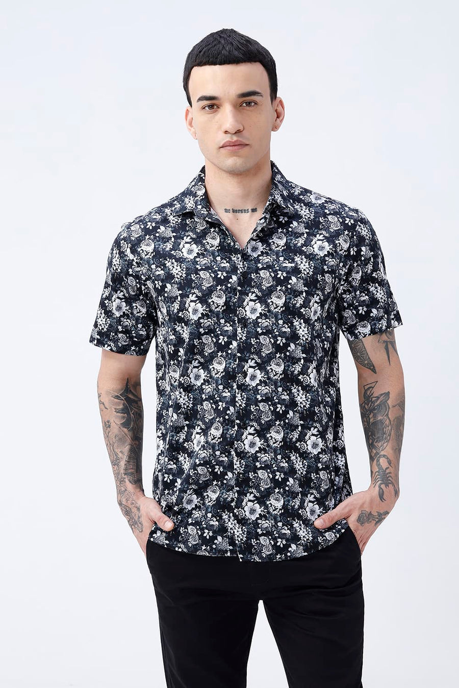 BASICS SLIM FIT  COTTON DIGITAL PRINTED HALFSLEEVES SHIRT