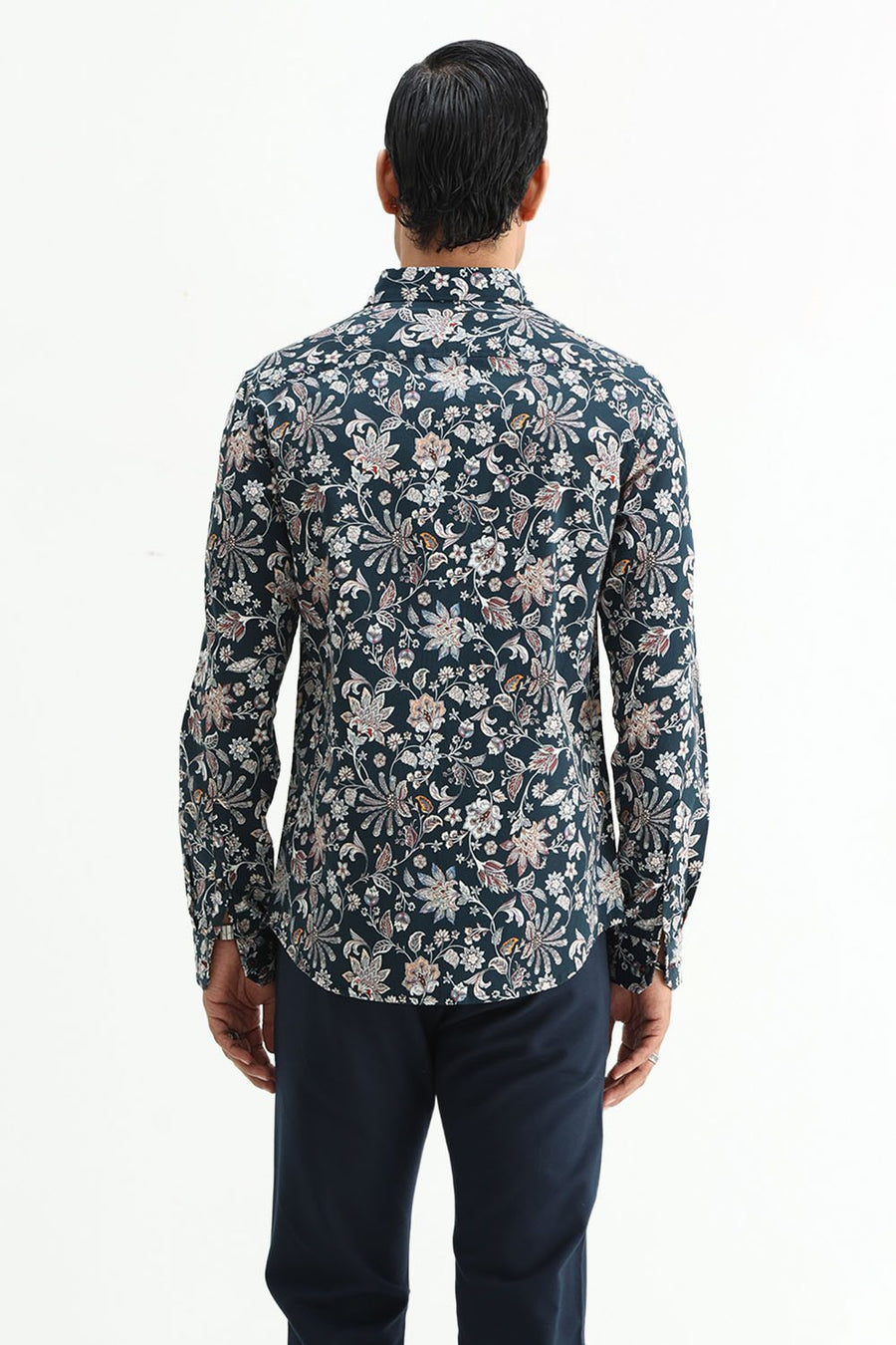 BASICS SLIM FIT FOREST GREEN COTTON DIGITAL PRINTED SHIRT