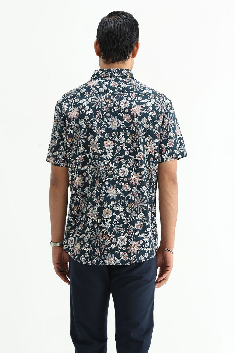 BASICS SLIM FIT FOREST GREEN COTTON DIGITAL PRINTED HALFSLEEVES SHIRT