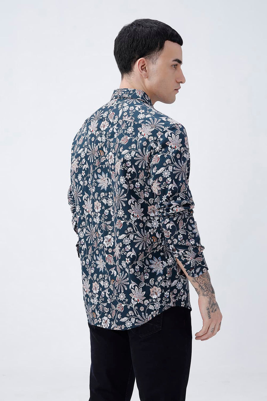 BASICS SLIM FIT FOREST GREEN COTTON DIGITAL PRINTED SHIRT