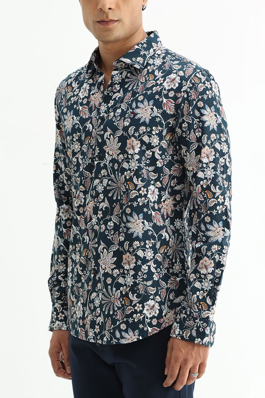 BASICS SLIM FIT FOREST GREEN COTTON DIGITAL PRINTED SHIRT