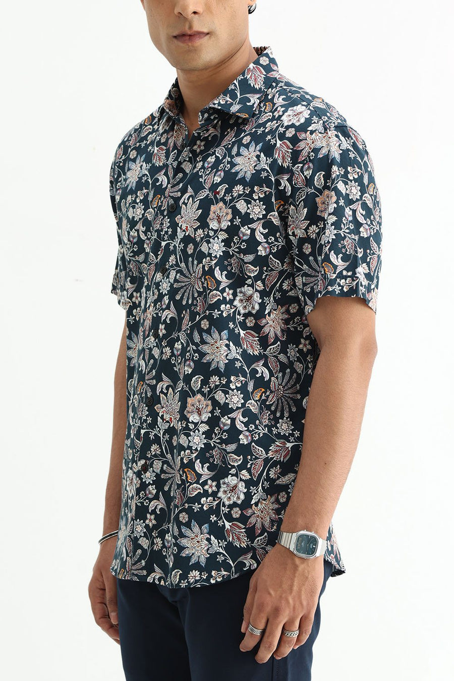 BASICS SLIM FIT FOREST GREEN COTTON DIGITAL PRINTED HALFSLEEVES SHIRT