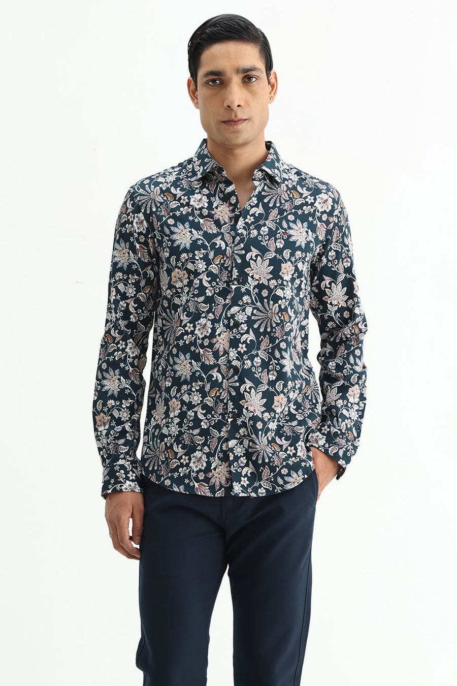 BASICS SLIM FIT FOREST GREEN COTTON DIGITAL PRINTED SHIRT