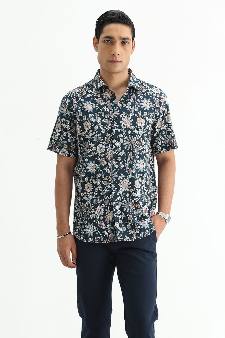 BASICS SLIM FIT FOREST GREEN COTTON DIGITAL PRINTED HALFSLEEVES SHIRT
