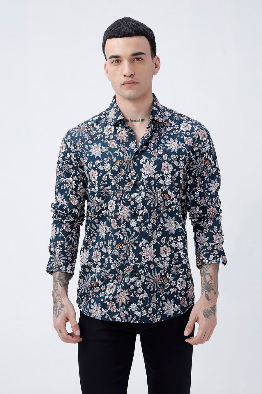 BASICS SLIM FIT FOREST GREEN COTTON DIGITAL PRINTED SHIRT