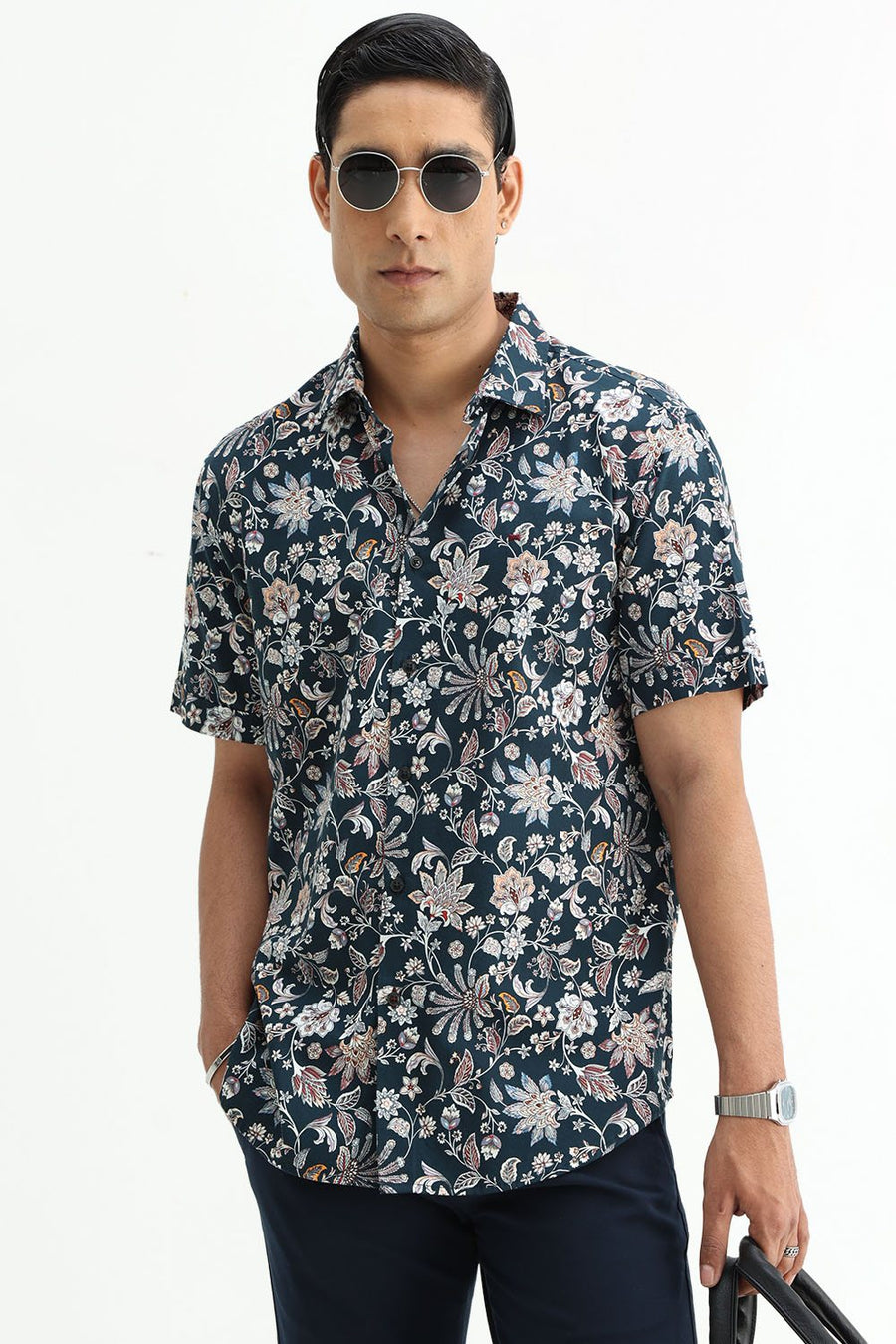 BASICS SLIM FIT FOREST GREEN COTTON DIGITAL PRINTED HALFSLEEVES SHIRT