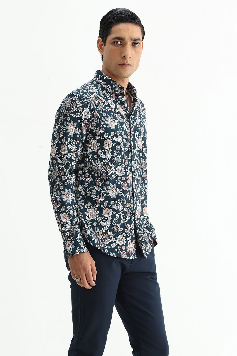 BASICS SLIM FIT FOREST GREEN COTTON DIGITAL PRINTED SHIRT