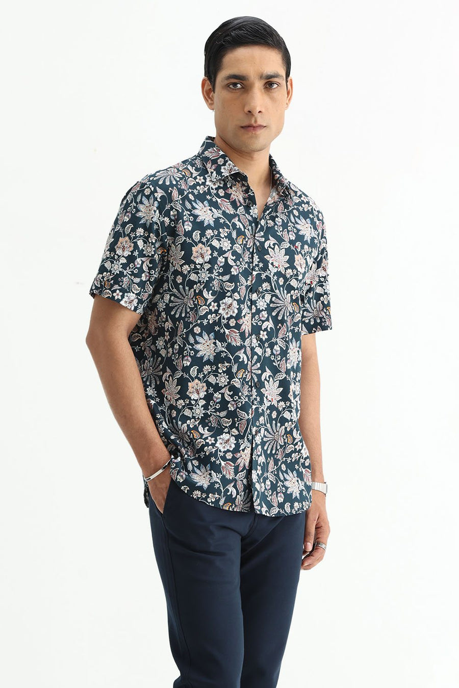 BASICS SLIM FIT FOREST GREEN COTTON DIGITAL PRINTED HALFSLEEVES SHIRT