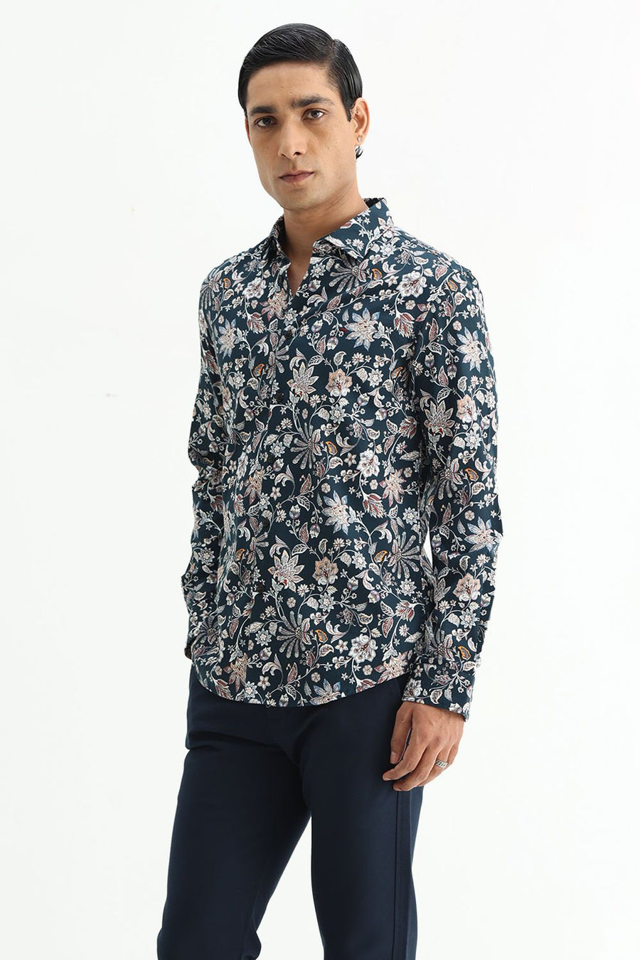 BASICS SLIM FIT FOREST GREEN COTTON DIGITAL PRINTED SHIRT