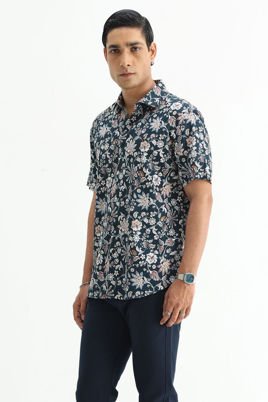 BASICS SLIM FIT FOREST GREEN COTTON DIGITAL PRINTED HALFSLEEVES SHIRT