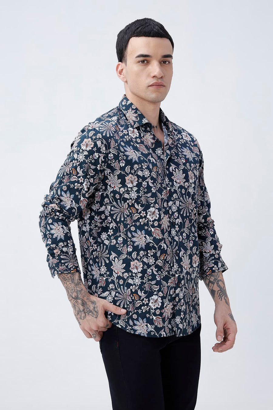 BASICS SLIM FIT FOREST GREEN COTTON DIGITAL PRINTED SHIRT