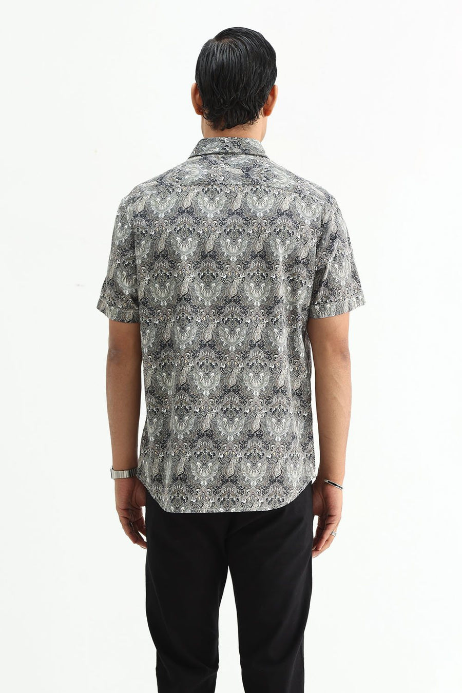 BASICS SLIM FIT BUTTERNUT BROWN COTTON DIGITAL PRINTED HALFSLEEVES SHIRT