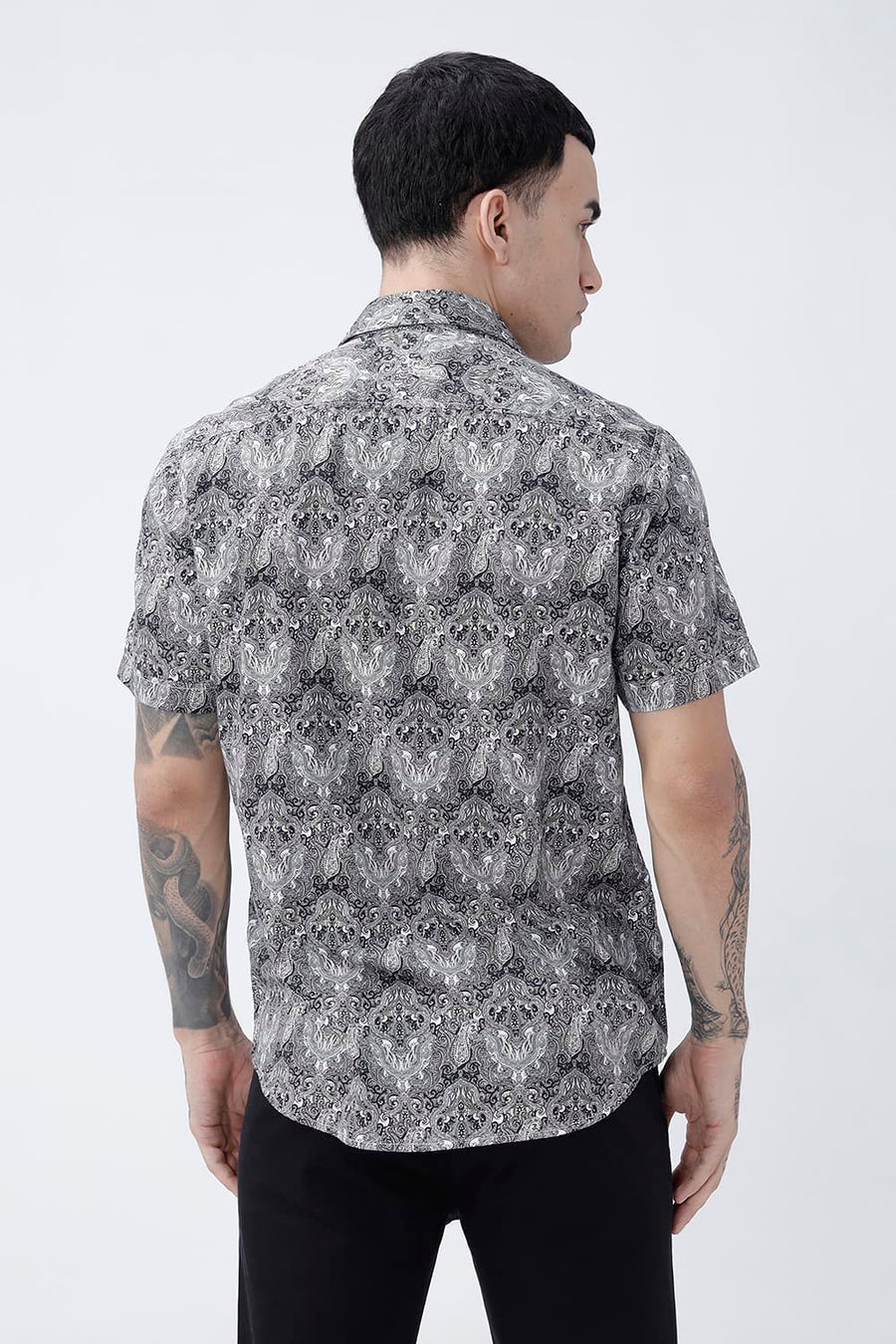 BASICS SLIM FIT BUTTERNUT BROWN COTTON DIGITAL PRINTED HALFSLEEVES SHIRT