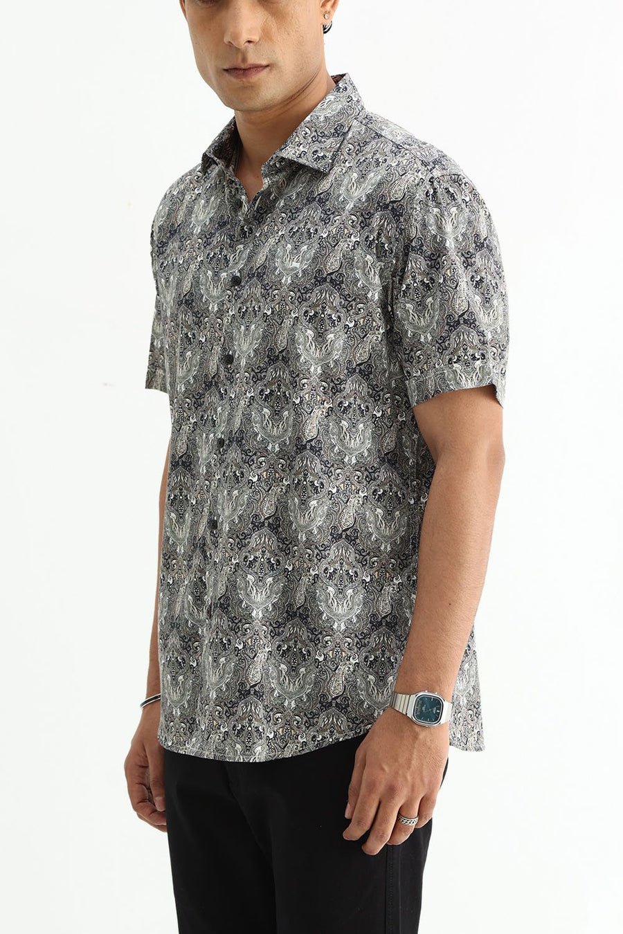 BASICS SLIM FIT BUTTERNUT BROWN COTTON DIGITAL PRINTED HALFSLEEVES SHIRT