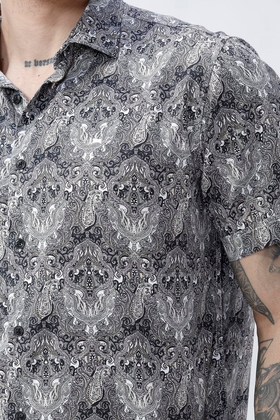 BASICS SLIM FIT BUTTERNUT BROWN COTTON DIGITAL PRINTED HALFSLEEVES SHIRT