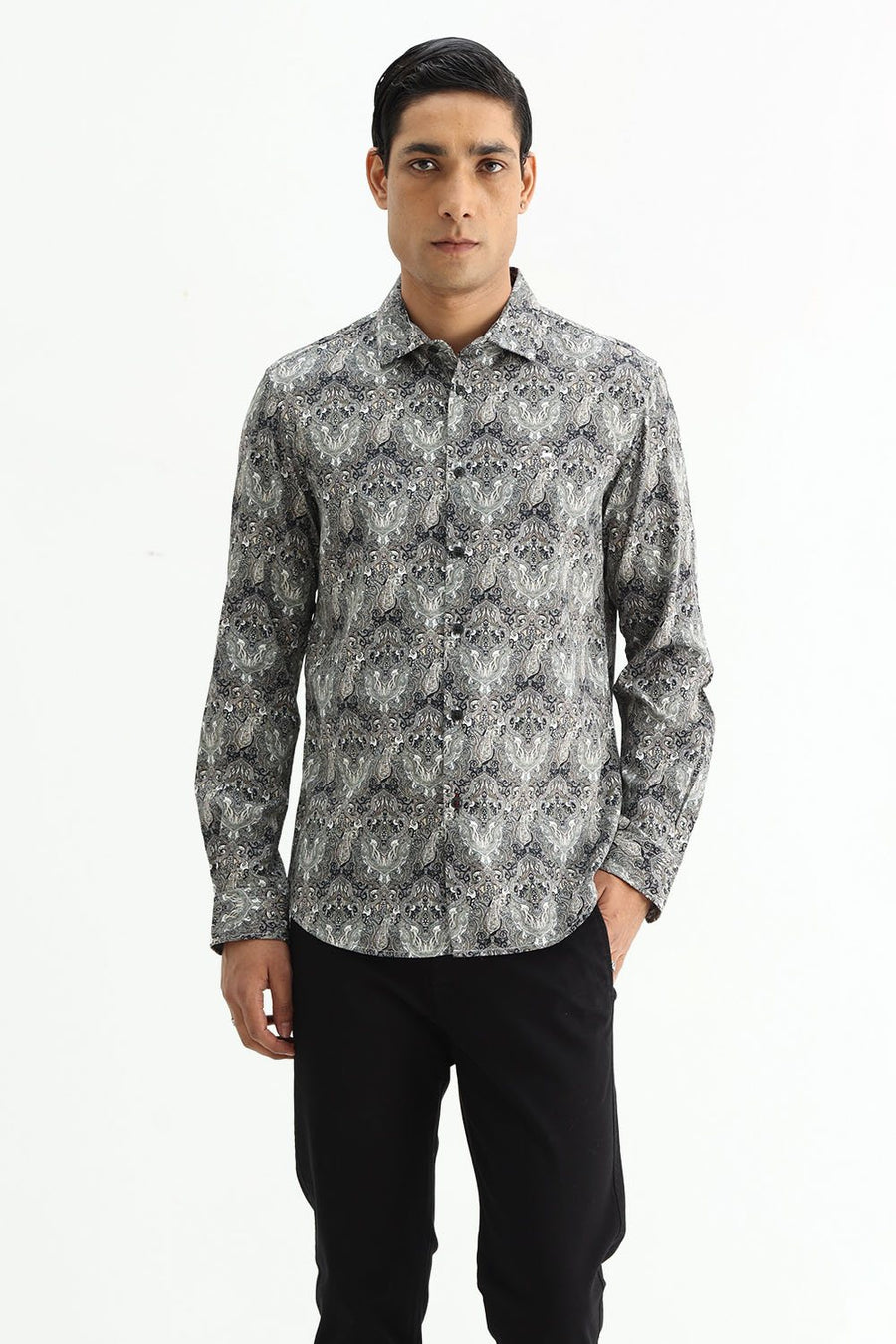 BASICS SLIM FIT BUTTERNUT BROWN COTTON DIGITAL PRINTED SHIRT