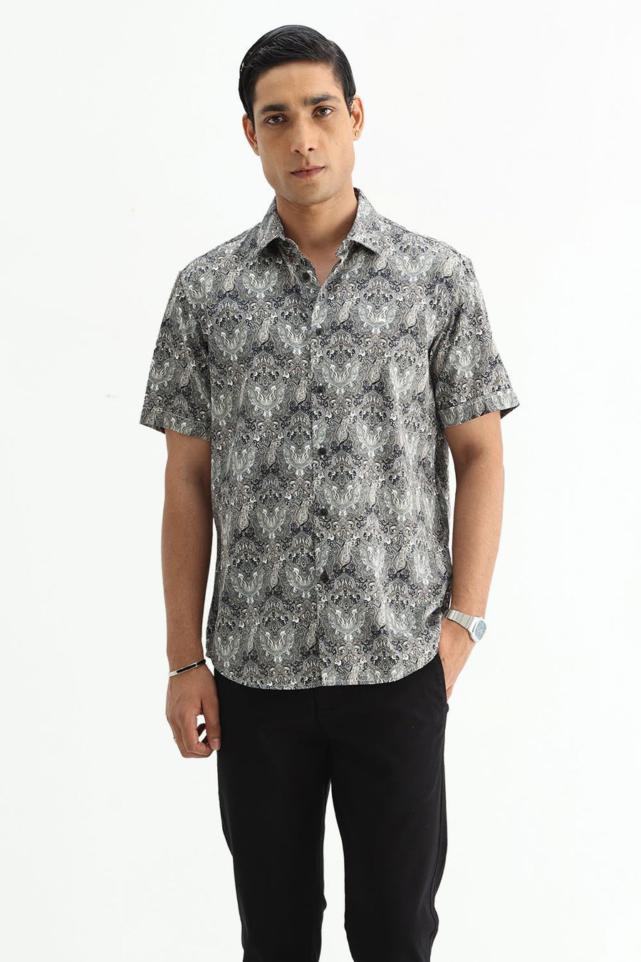 BASICS SLIM FIT BUTTERNUT BROWN COTTON DIGITAL PRINTED HALFSLEEVES SHIRT