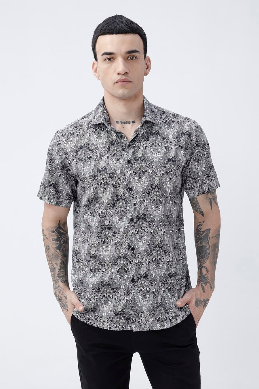 BASICS SLIM FIT BUTTERNUT BROWN COTTON DIGITAL PRINTED HALFSLEEVES SHIRT