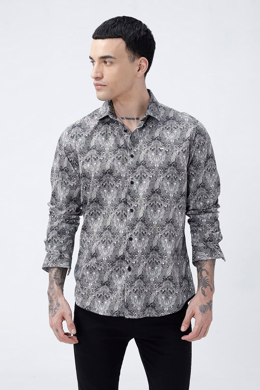 BASICS SLIM FIT BUTTERNUT BROWN COTTON DIGITAL PRINTED SHIRT