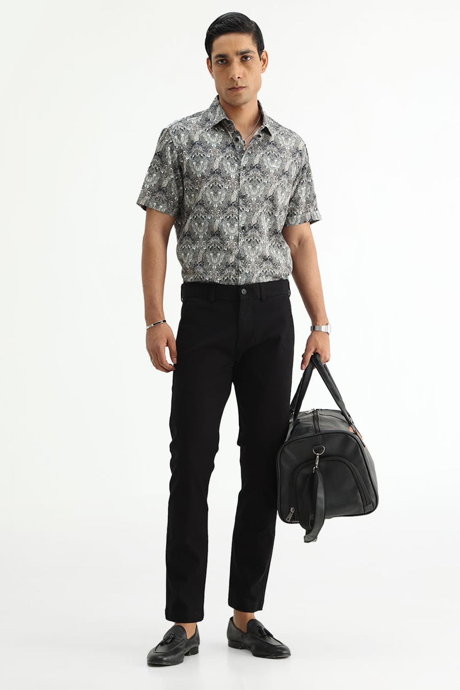 BASICS SLIM FIT BUTTERNUT BROWN COTTON DIGITAL PRINTED HALFSLEEVES SHIRT