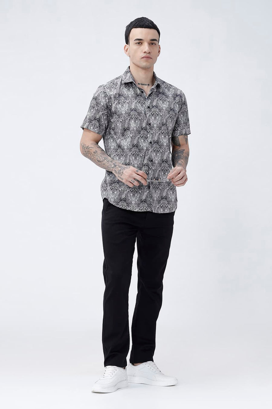 BASICS SLIM FIT BUTTERNUT BROWN COTTON DIGITAL PRINTED HALFSLEEVES SHIRT
