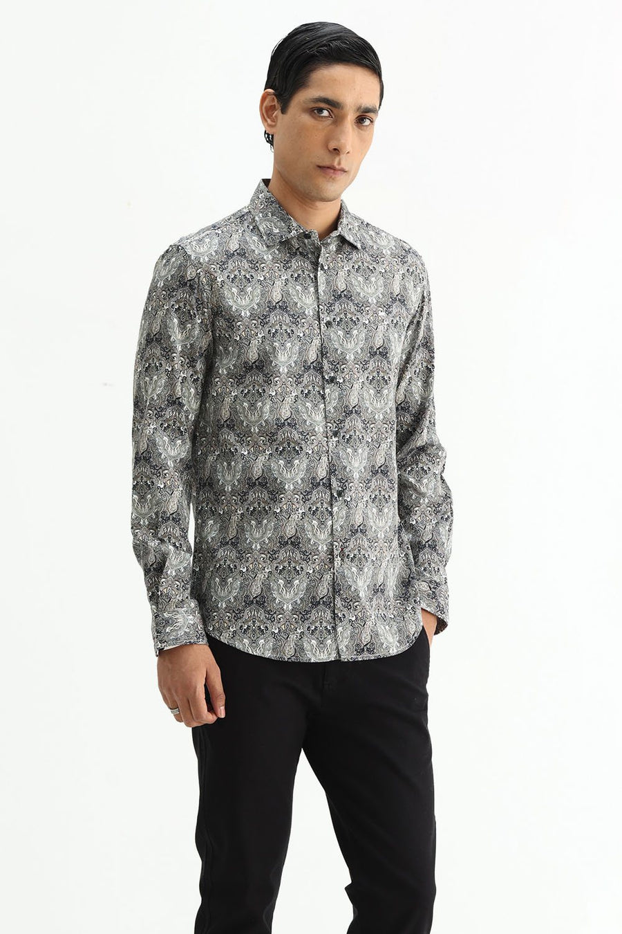 BASICS SLIM FIT BUTTERNUT BROWN COTTON DIGITAL PRINTED SHIRT