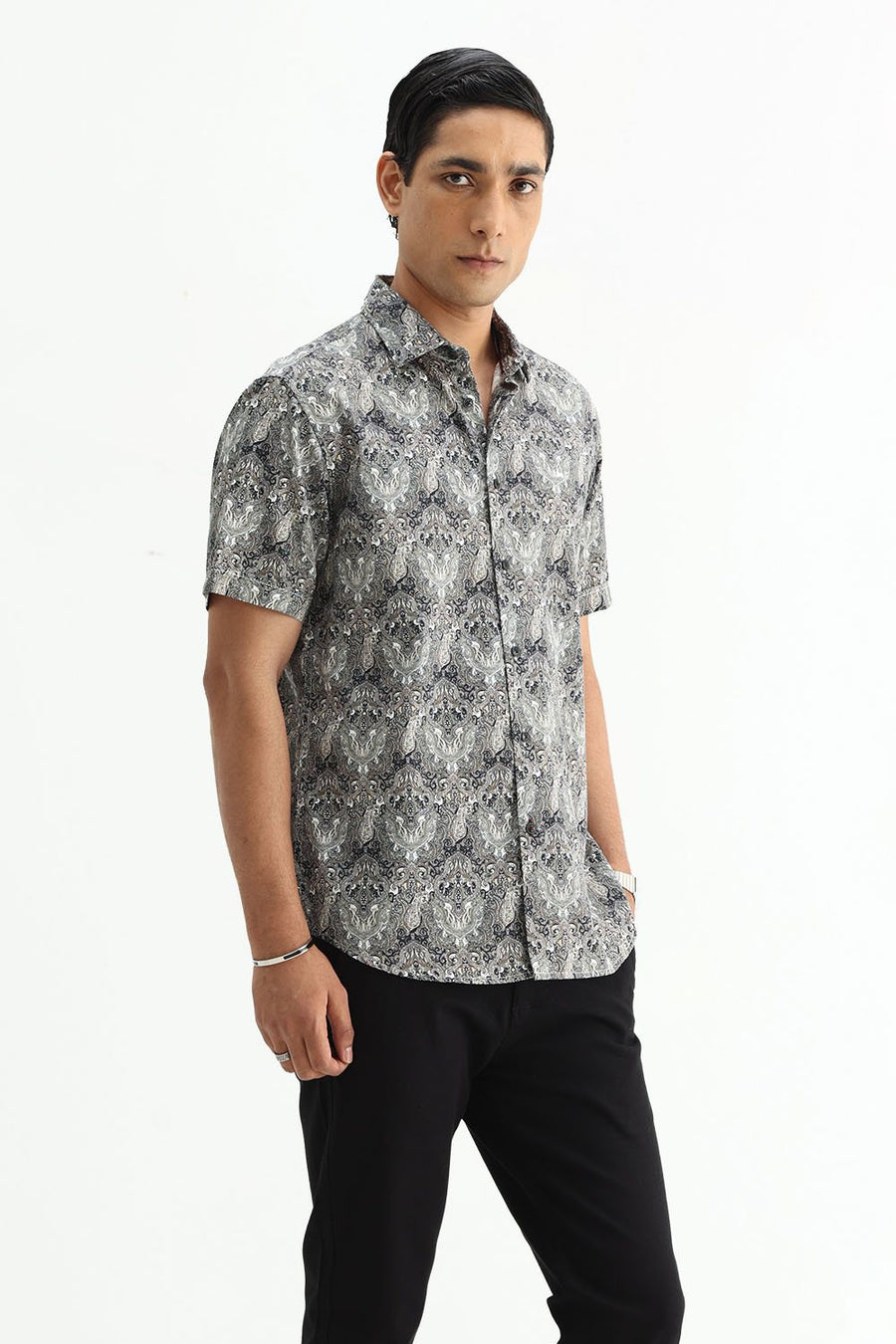 BASICS SLIM FIT BUTTERNUT BROWN COTTON DIGITAL PRINTED HALFSLEEVES SHIRT