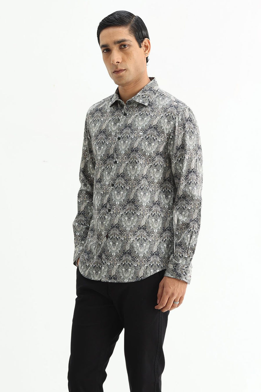 BASICS SLIM FIT BUTTERNUT BROWN COTTON DIGITAL PRINTED SHIRT