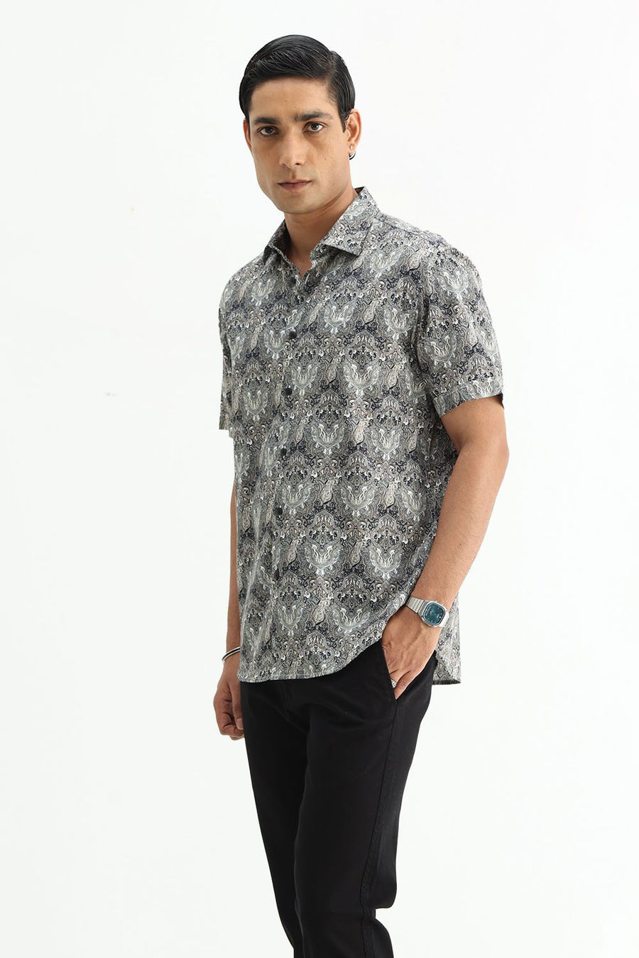 BASICS SLIM FIT BUTTERNUT BROWN COTTON DIGITAL PRINTED HALFSLEEVES SHIRT