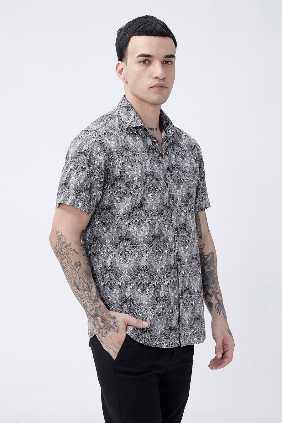 BASICS SLIM FIT BUTTERNUT BROWN COTTON DIGITAL PRINTED HALFSLEEVES SHIRT