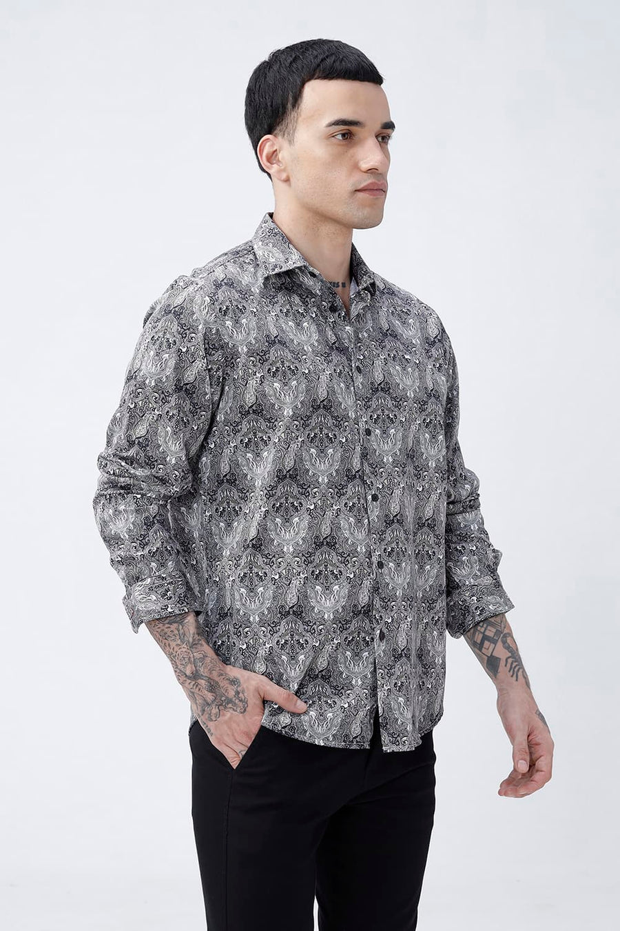 BASICS SLIM FIT BUTTERNUT BROWN COTTON DIGITAL PRINTED SHIRT
