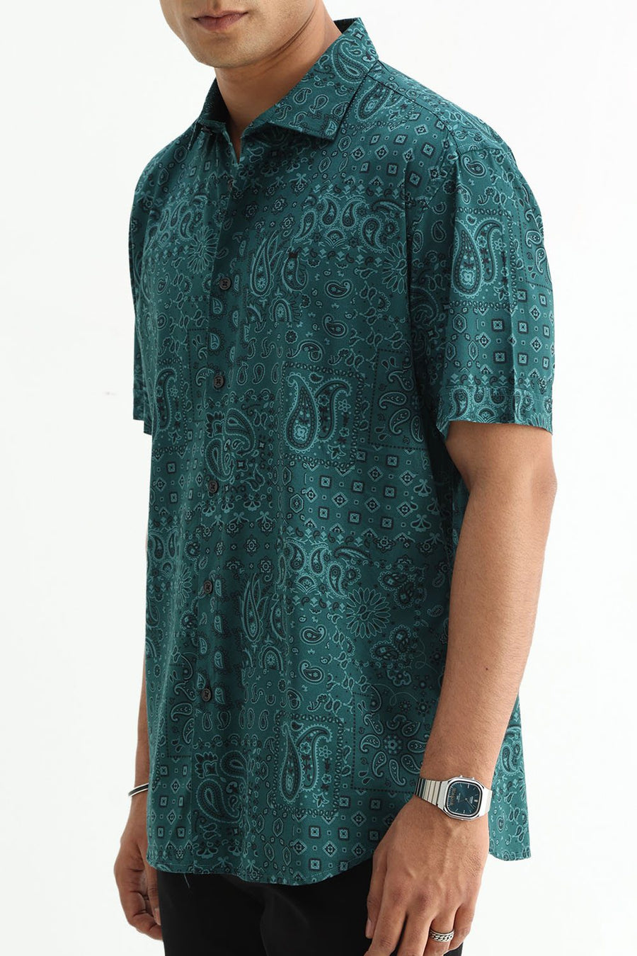 BASICS SLIM FIT  COTTON VISCOSE PRINTED HALFSLEEVES SHIRT