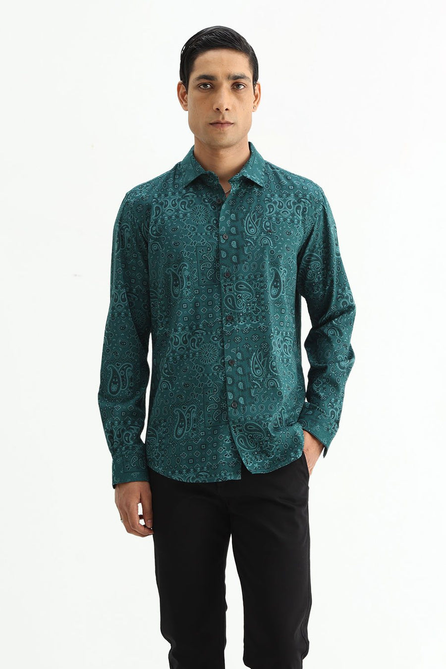 BASICS SLIM FIT  COTTON VISCOSE PRINTED SHIRT