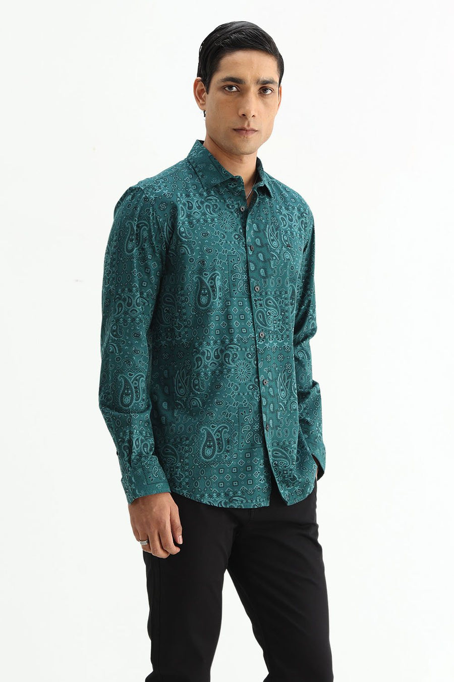 BASICS SLIM FIT  COTTON VISCOSE PRINTED SHIRT