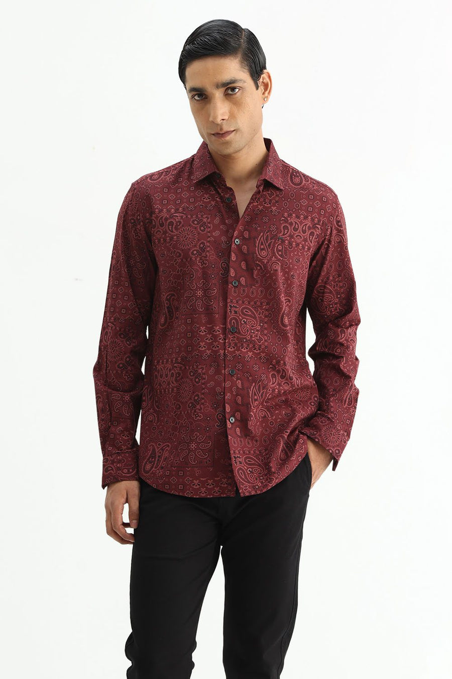 BASICS SLIM FIT  COTTON VISCOSE PRINTED SHIRT
