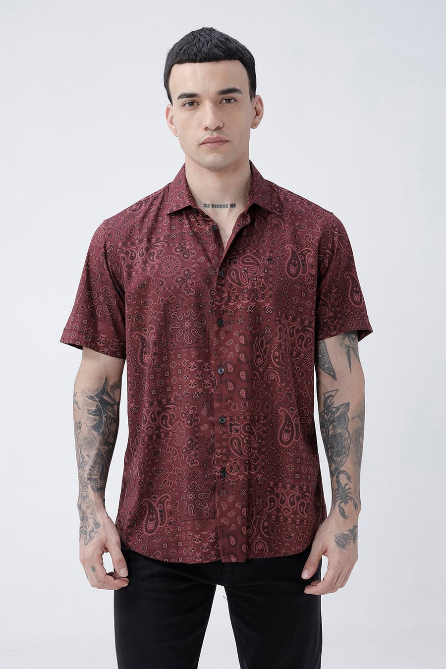 BASICS SLIM FIT  COTTON VISCOSE PRINTED HALFSLEEVES SHIRT