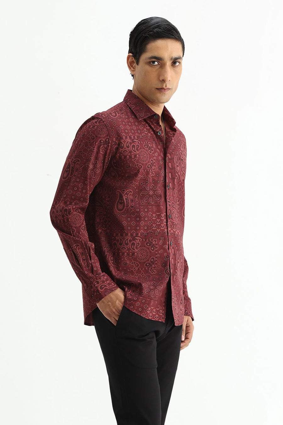 BASICS SLIM FIT  COTTON VISCOSE PRINTED SHIRT