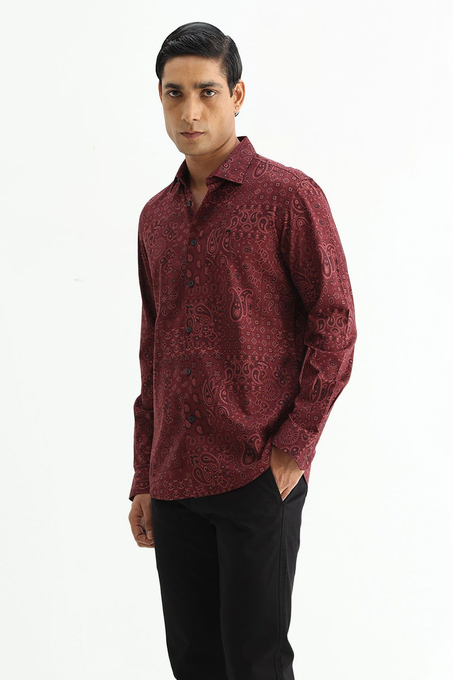 BASICS SLIM FIT  COTTON VISCOSE PRINTED SHIRT
