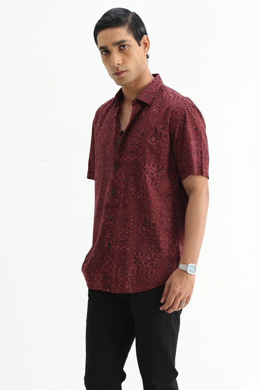 BASICS SLIM FIT  COTTON VISCOSE PRINTED HALFSLEEVES SHIRT