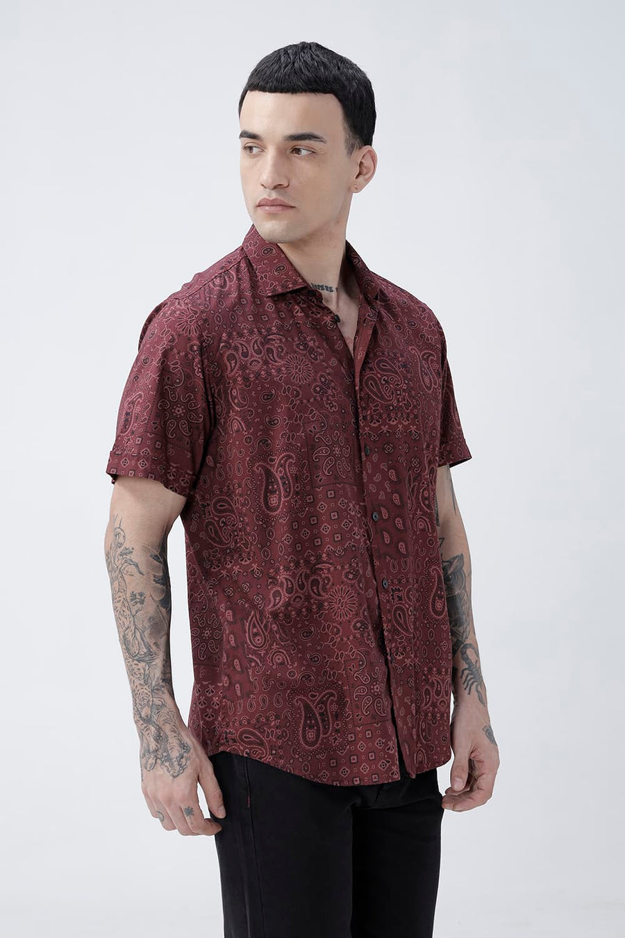 BASICS SLIM FIT  COTTON VISCOSE PRINTED HALFSLEEVES SHIRT