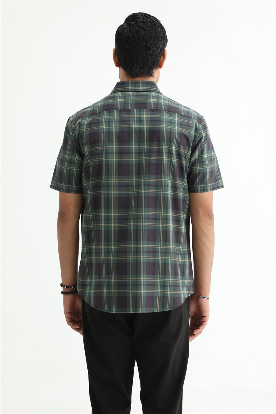 BASICS SLIM FIT RIFLE GREEN COTTON PLAIN CHECKS HALFSLEEVES SHIRT