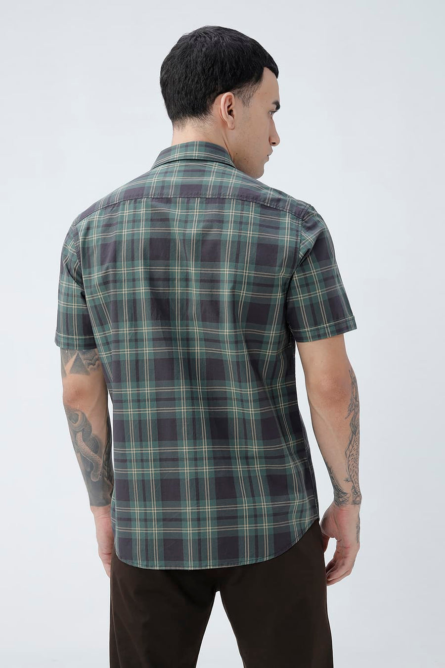 BASICS SLIM FIT RIFLE GREEN COTTON PLAIN CHECKS HALFSLEEVES SHIRT