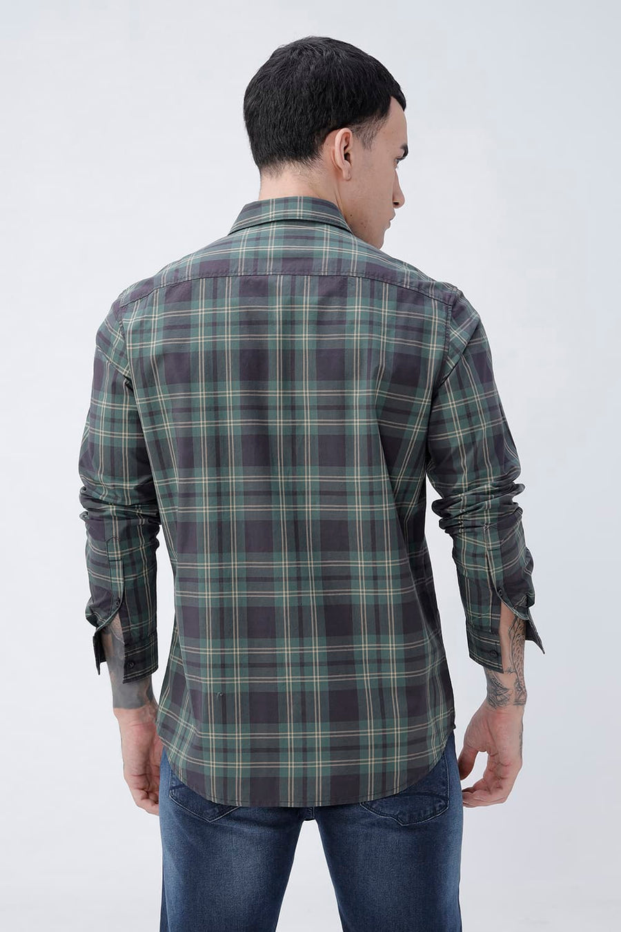 BASICS SLIM FIT RIFLE GREEN COTTON PLAIN CHECKS SHIRT