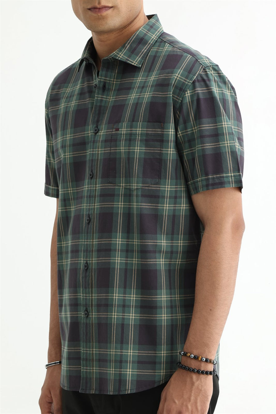 BASICS SLIM FIT RIFLE GREEN COTTON PLAIN CHECKS HALFSLEEVES SHIRT