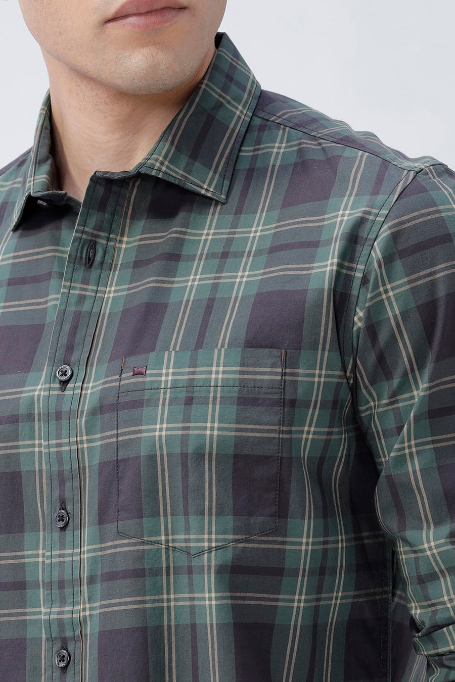 BASICS SLIM FIT RIFLE GREEN COTTON PLAIN CHECKS SHIRT