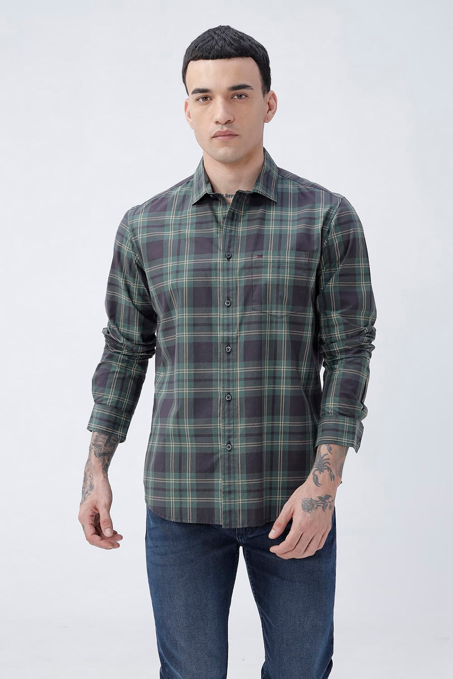 BASICS SLIM FIT RIFLE GREEN COTTON PLAIN CHECKS SHIRT