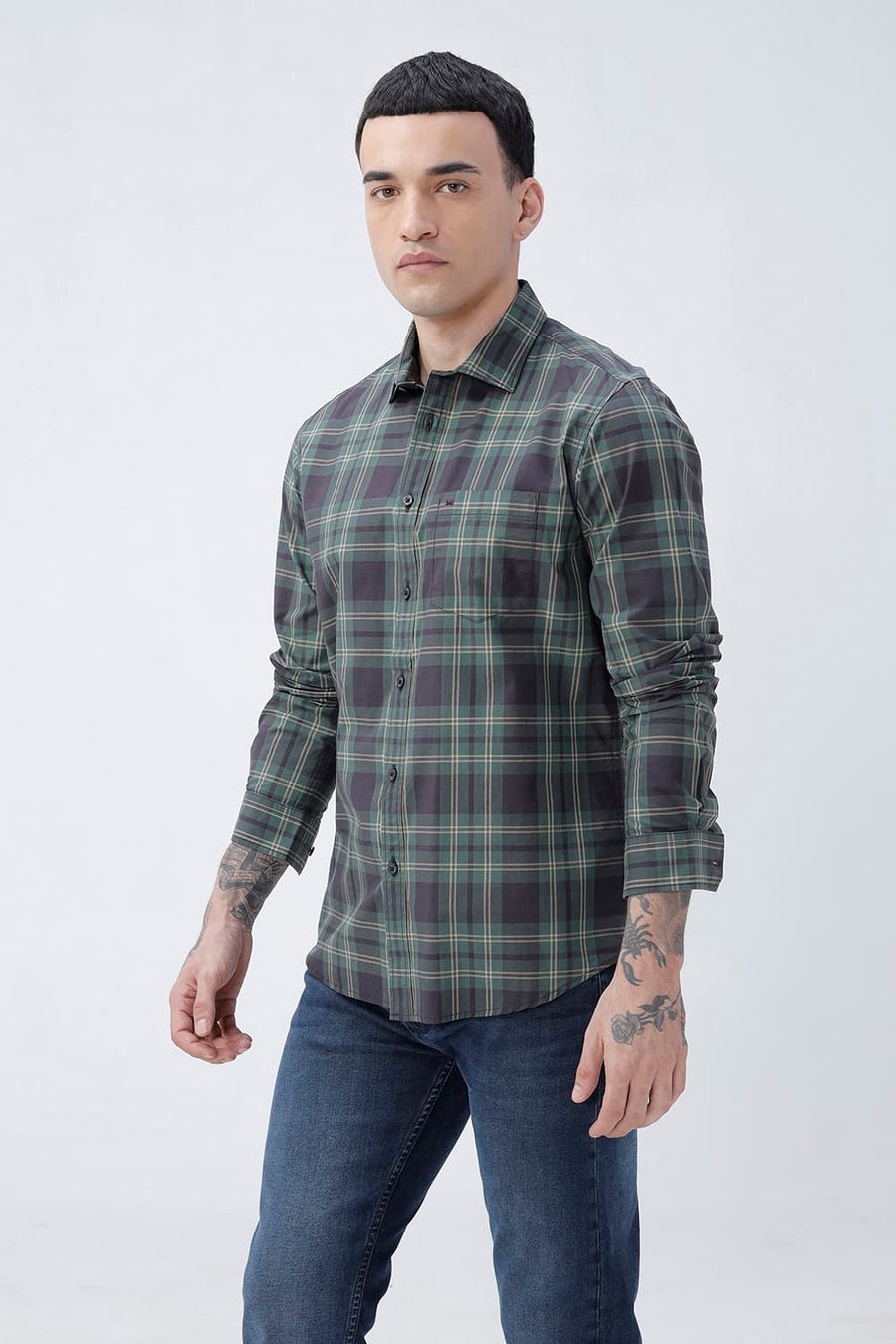 BASICS SLIM FIT RIFLE GREEN COTTON PLAIN CHECKS SHIRT
