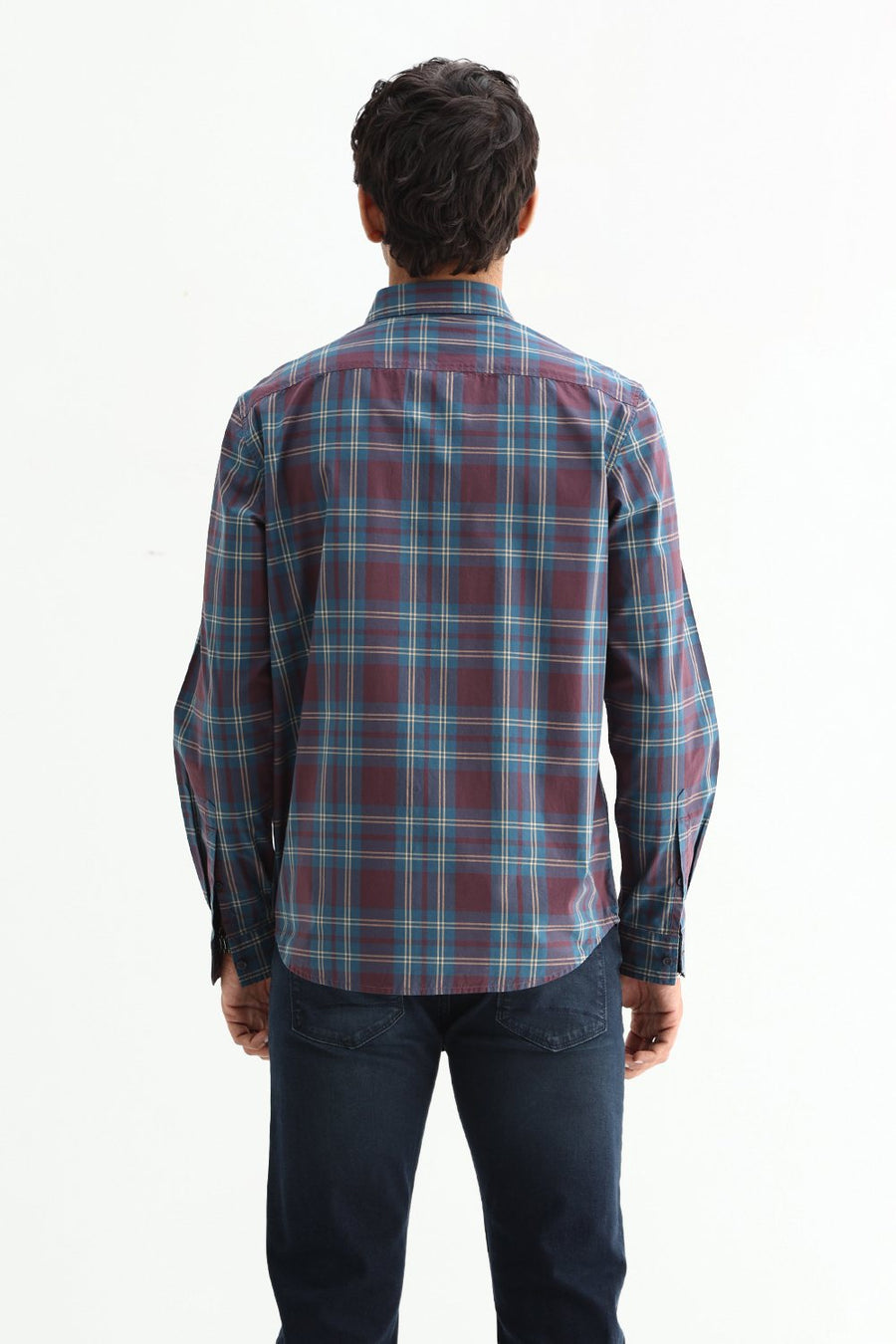 BASICS SLIM FIT STONE MAROON COTTON PLAIN CHECKS SHIRT